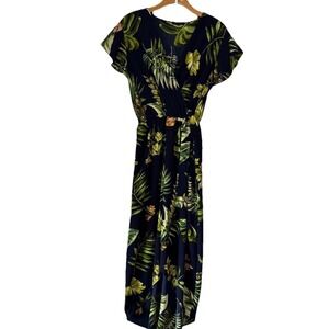 Scobe Dress Midi Maxi Faux Wrap Navy Green Tropical‎ XL Resort Cruise Vacay USA
